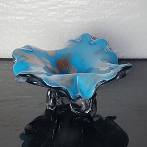 REAR FRATELLI TOSE CASED MURANO Blue and Gold Glass Footed Bowl/ASHTRAY 5X9"